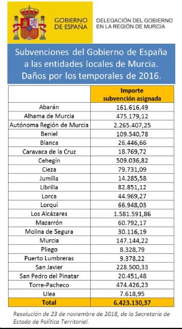 El Gobierno Central destina a Pliego 8.328€ como subvención por los daños de los temporales de 2016